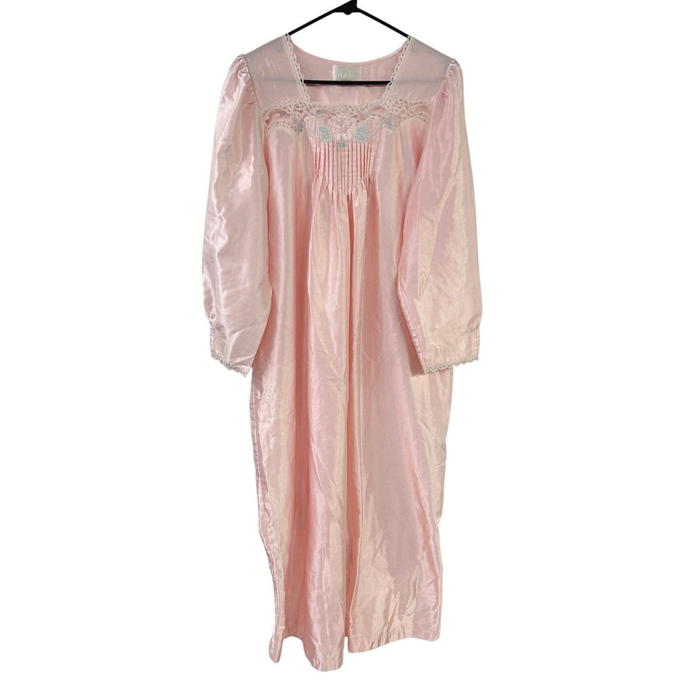 Vintage Pink Satin Long Nightgown M Lace Embroidered Coquette Romantic Aria